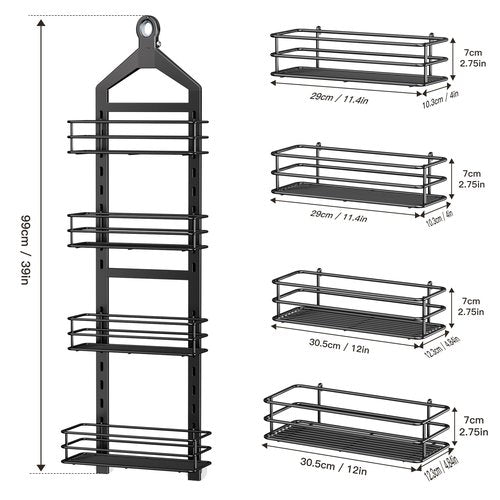Orimade Adjustable Anti-slip Hanging Shower Caddy over Shower Head,Rustproof Bathroom Hanging shower Organizer with 4 Hooks for Razor,No Drilling Shower shelves Storage Rack,Black 4 Tier