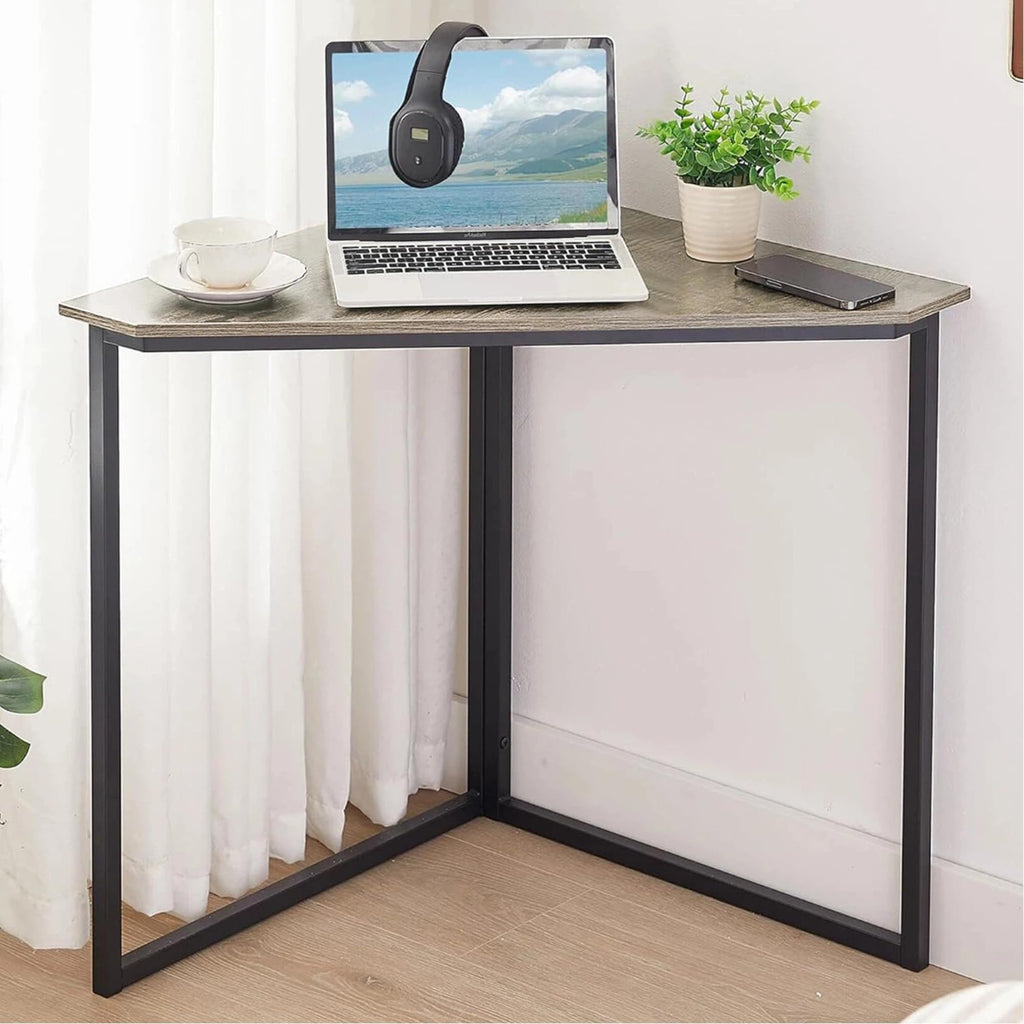 VECELO Corner Desk,Office Tables for Living Room for Small Space Triangle Computer Desk with Steel Frame Corner Shelves with Metal Frame Writing Desk for Workstation Classic Grey 33.1"
