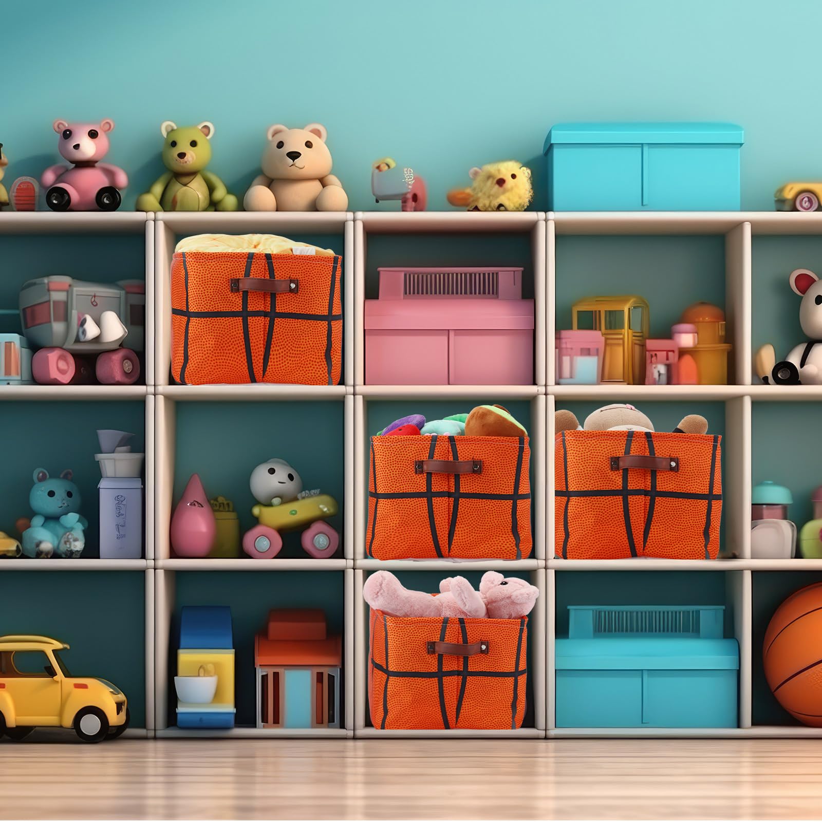 Bokon 4 Pcs Sports Ball Storage Basket Bin Fabric Toys Storage Cube with Handles Collapsible Closet Shelf Cloth Organizer Basket for Nursery Kids Boys Bedroom (Basketball)