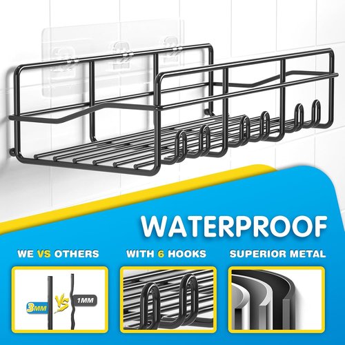 Coraje Adhesive Bathroom Caddy - Large Capacity Rustproof Metal Shelves | 2-Pack Black Shower Organizer