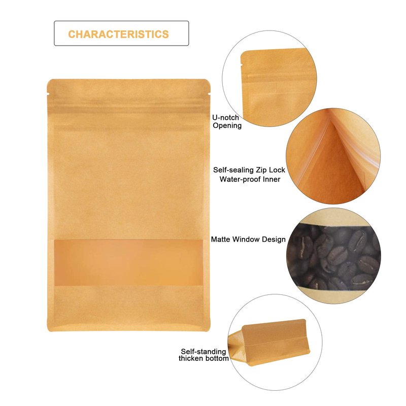 IDEALUX Stand Up Kraft Pouch Bags,Reusable Zip Lock Sealing and Notch Matte Transparent Window Bags, Resealable Zip Lock Food Storage Bag,9.5 x 5.5 + 2.36 Inches, Pack of 50