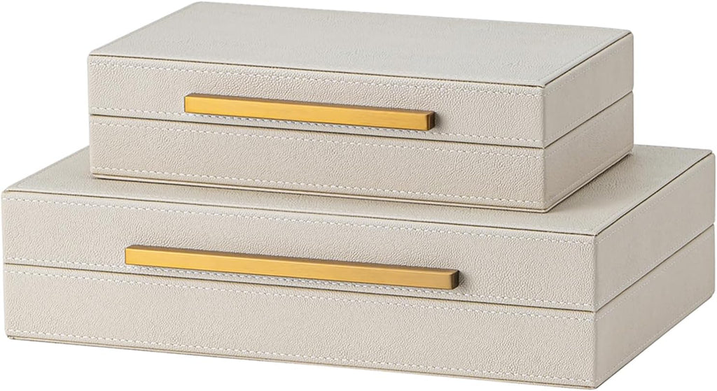 XIGEXIGE Faux Leather Jewelry Box - Large Stackable Organizer Set of 2 in Beige Shagreen with Gold Handles