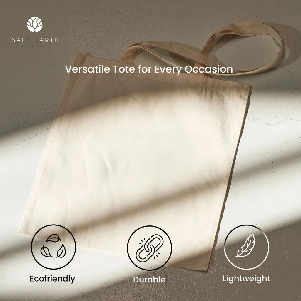 Salt Earth Pack of 5 | 6 | 12 | 24 | 48 – 100% Cotton Reusable Tote Bags – Bulk Grocery, Shopping, DIY, Beach & Gift Use (Natural)