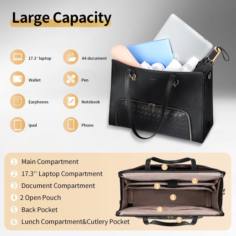 ESTARER Women Laptop Tote Bag with Insulated Lunch Compartment, 17-17.3 Inch PU Leather Work Bag Water-resistant, Convertible Large Business Computer Briefcase Handbag for Office/Travel/Casual, Black