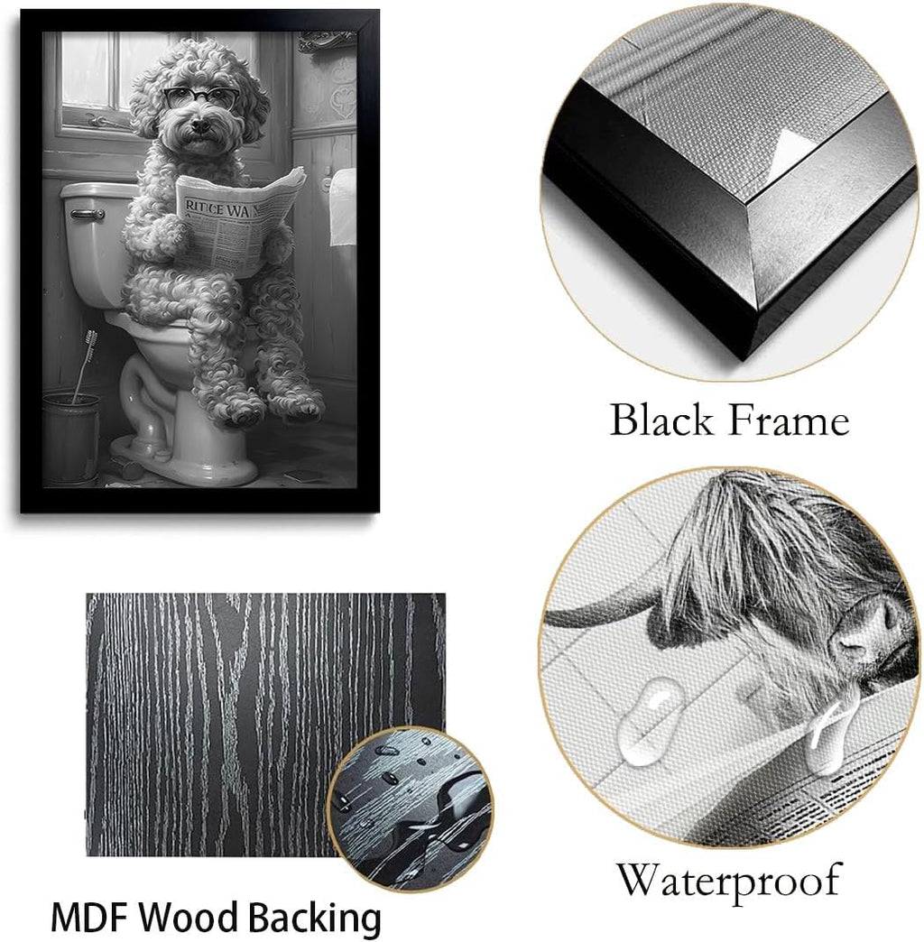 OIQArt Funny Bathroom Wall Art - Black and White Teddy Dog Canvas Print | Humorous Decor for Restroom
