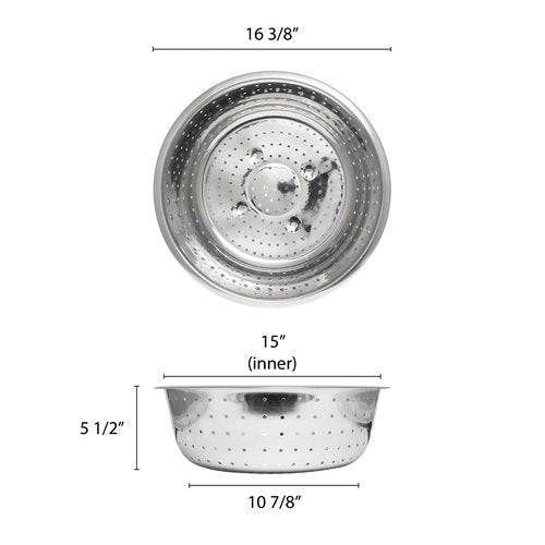 Thunder Group SLCIL15L Chinese Colander, 15" Dia., Round, Perforated, 4.5 mm Holes, Rimmed, Stainless Steel. Mirror Finish, Silver
