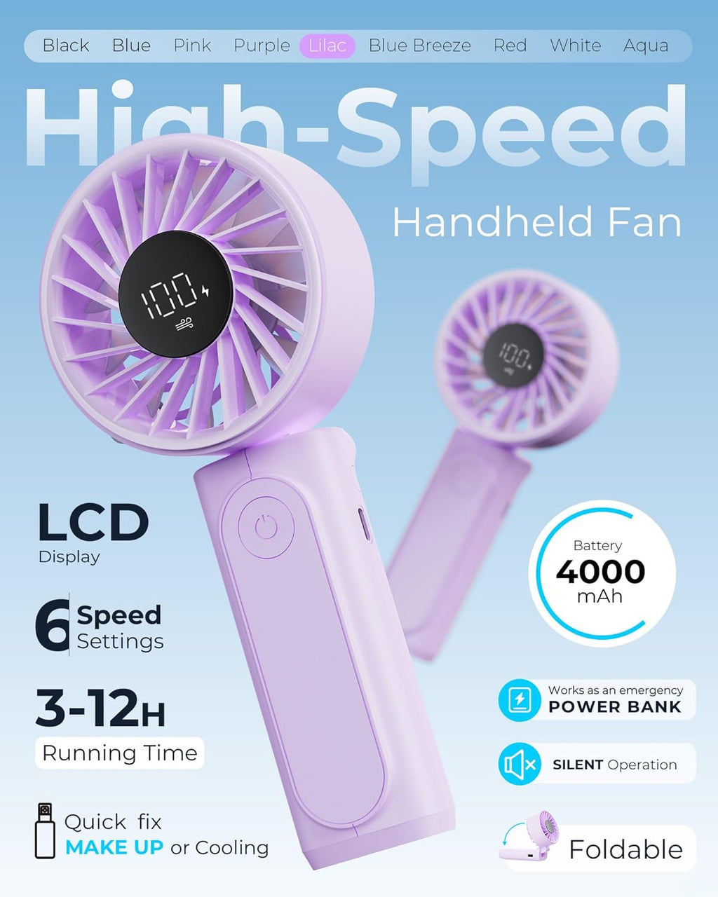 Peiyuu Portable Fan - 4000mAh USB Rechargeable Mini Desk Fan with 180° Foldable Design | Ultra Quiet, Pocket Size