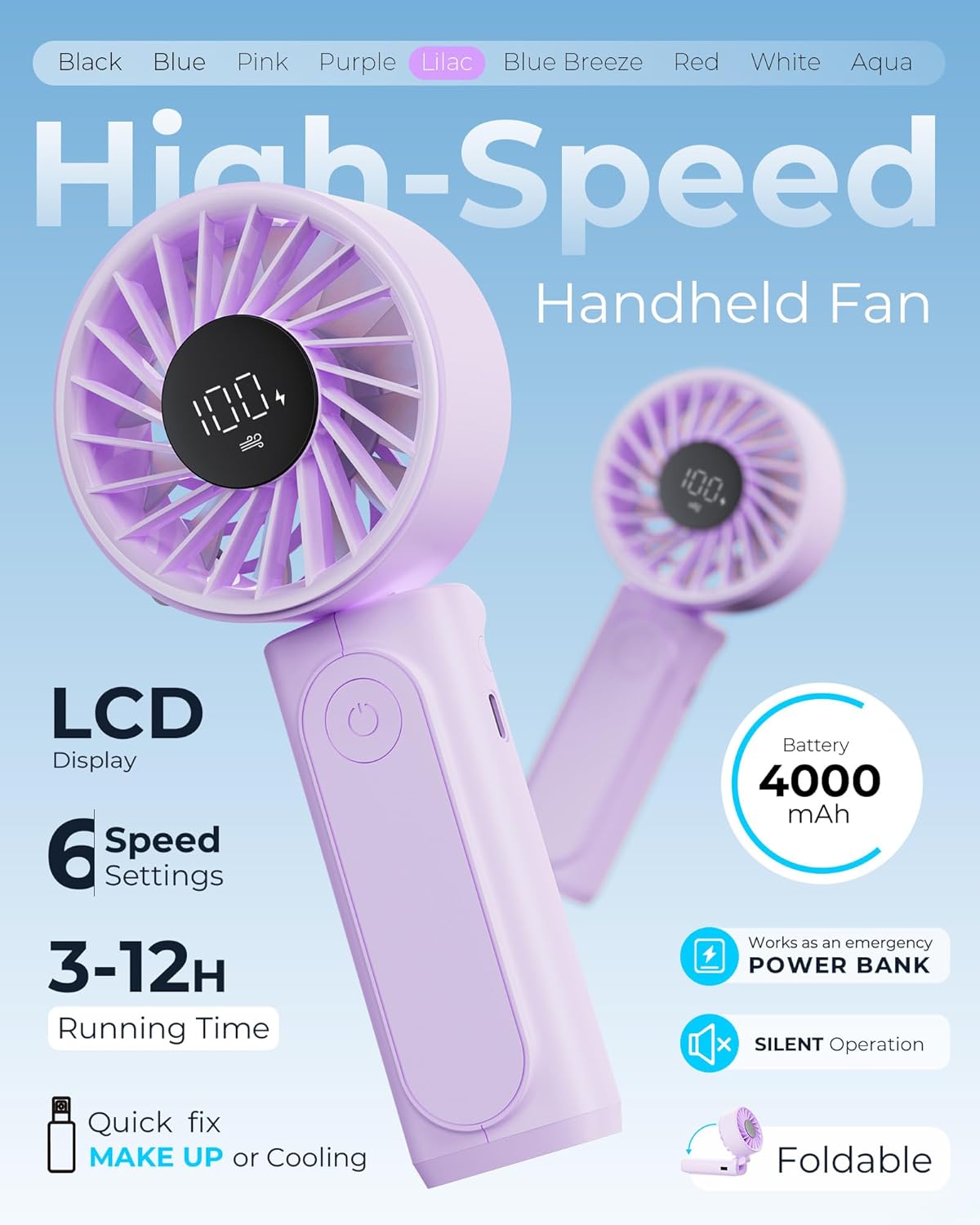 Peiyuu Portable Fan - 4000mAh USB Rechargeable Mini Desk Fan with 180° Foldable Design | Ultra Quiet, Pocket Size
