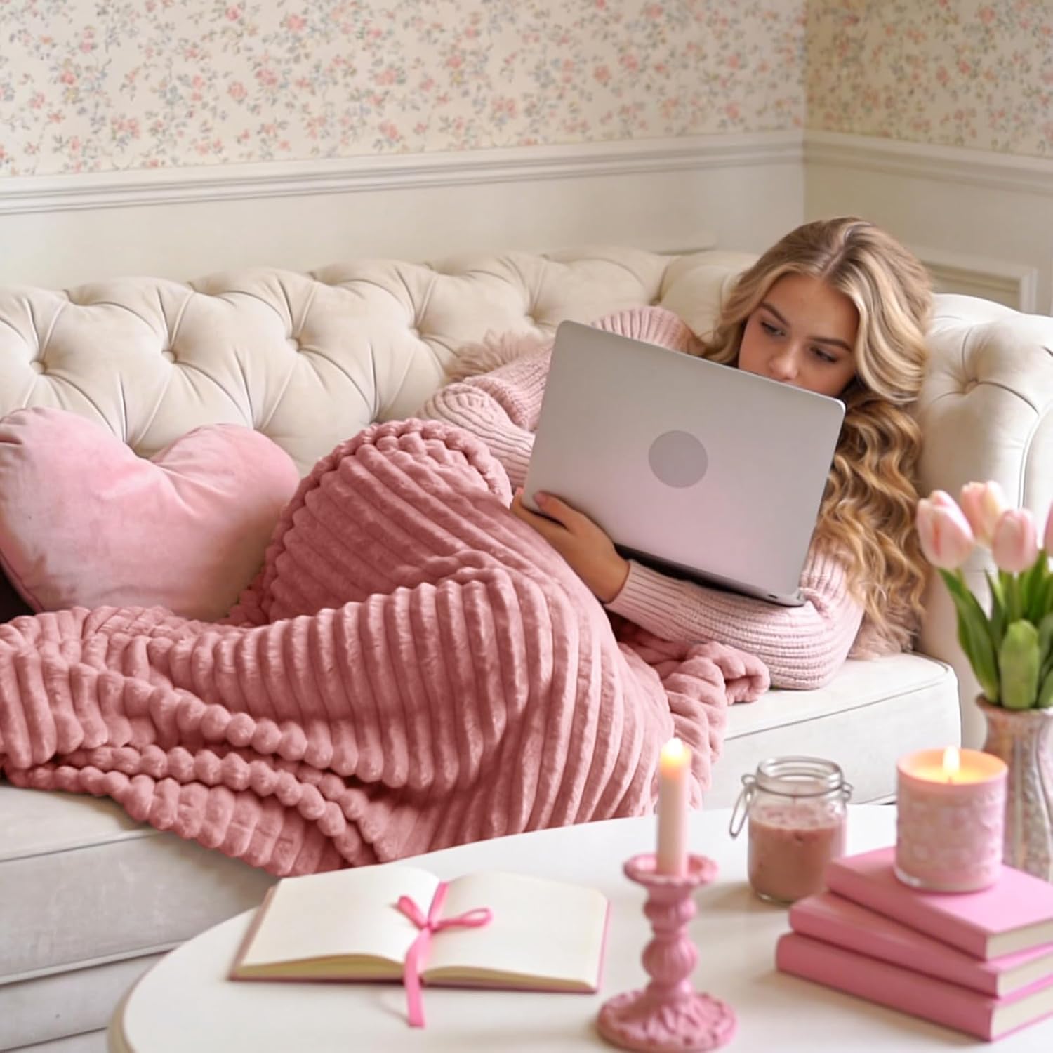 BEDELITE Fleece Throw Blanket - Soft & Warm 3D Ribbed Jacquard Design | Cozy Pink 50x60 Inch Plush Blanket