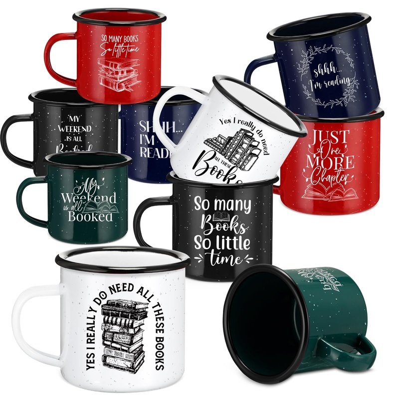 Zhehao 10 Pcs Book Lovers Gifts 12 oz Enamel Mug with Handle Christmas Gift for Teacher Study Mugs Library Coffee Mugs for Women Office Team Coworker Book Club Librarians Reader