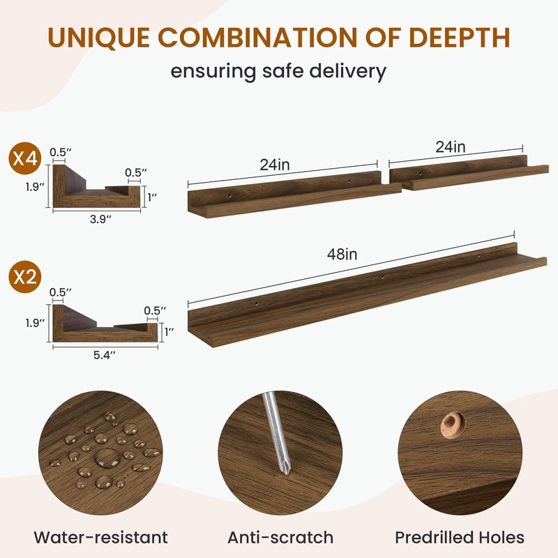 Axeman Picture Ledge Shelf, Floating Shelves for Wall Decor Storage Set of 6, 48 inch Floating Wall Mounted Shelves, Shelves with Lip for Living Room, Bedroom, Nursery, Bathroom, Kitchen, Walnut
