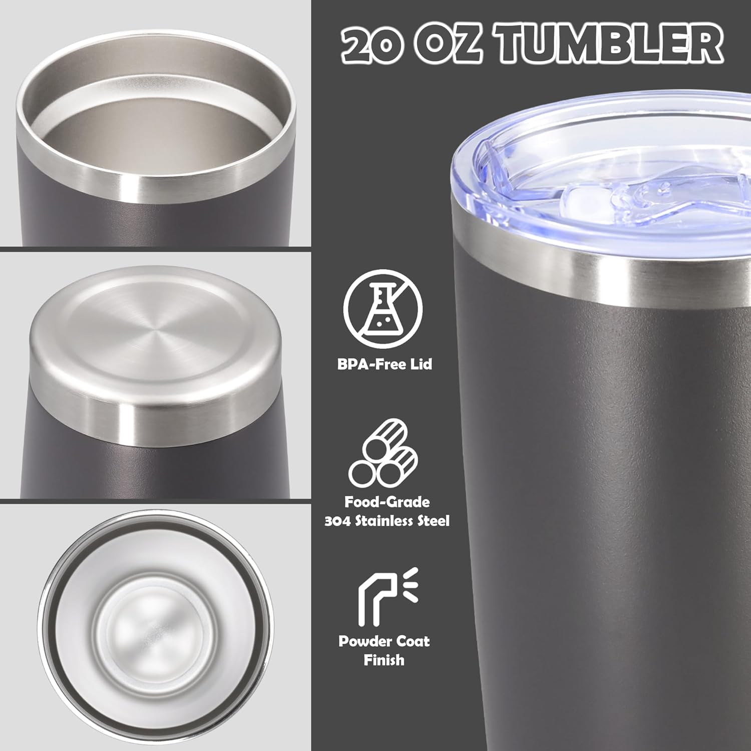 Skiennix 20oz Stainless Steel Tumbler - Vacuum Insulated Travel Mug for Hot & Cold Drinks, Grey
