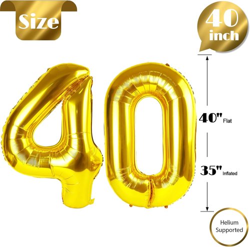 Gold Number 40 Balloon - 40 Inch Golden Birthday Decoration for 40th Celebration | Perfect for Men & Women