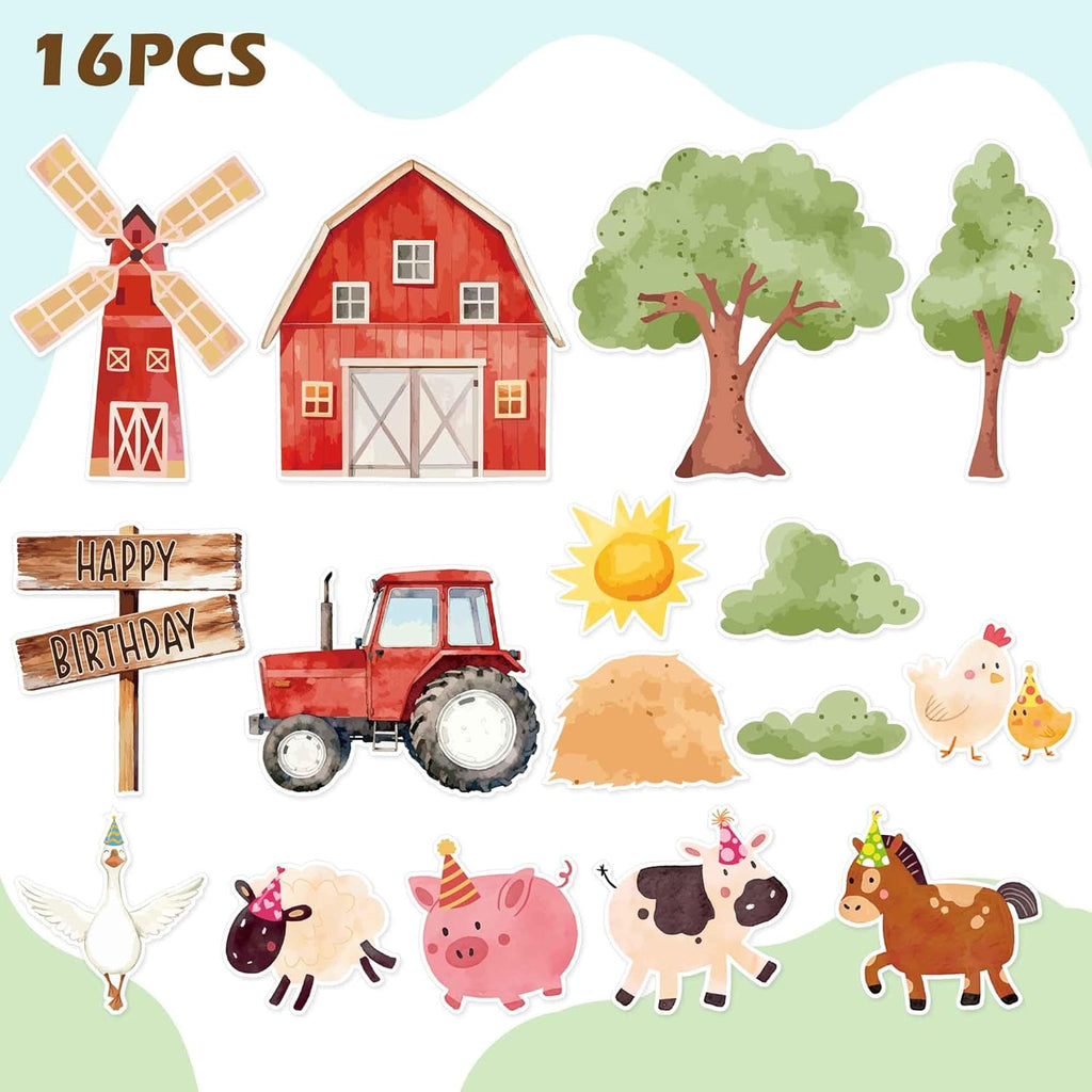 Skiennix 16PCS Farm Animal Birthday Cake Decorations - Fun Party Toppers with Barn, Tractor & Animals