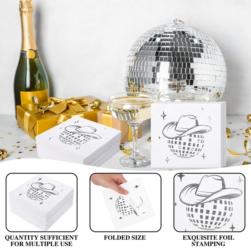 Ctosree 100 Pack Disco cowgirl Napkins 70s 80s 90s Disco Party Decorations Western Cowgirl Stylish Silver Napkins for Birthday Bachelorette Wedding (White)