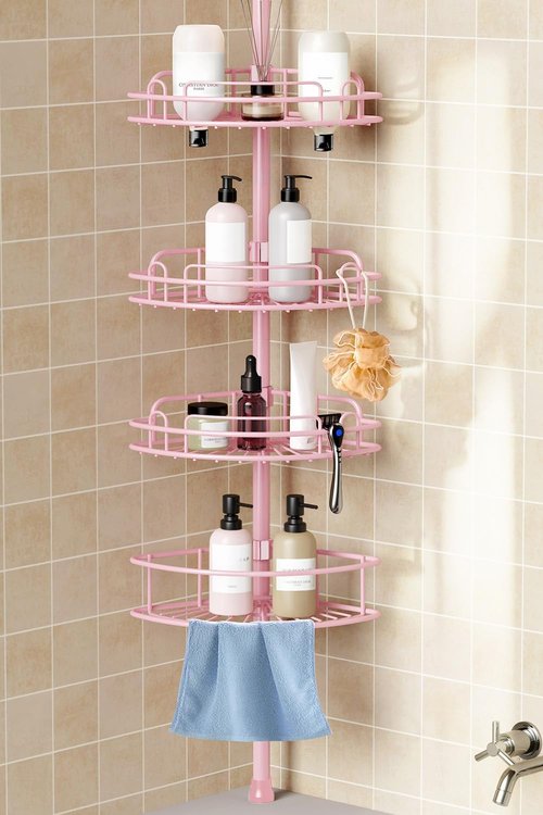 HAMITOR Corner Shower Caddy - 4-Tier Rust-Resistant Bathroom Organizer | Adjustable 47-121 Inch - Easy No-Drill Installation - Space-Saving Pink Shelves