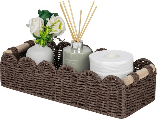 CubesLand Paper Rope Storage Basket - Scalloped Edge Design for Organizing | Brown with Wood Handle