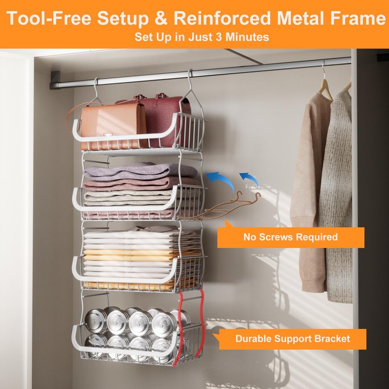 Metal Closet Hanging Organizer, 4 Tier Stackable Closet Organizers and Storage, Sturdy Clothes Hanging Shelves, Wire Storage Basket for Clothing Pants Coat Sweaters Handbags Hats, RV Pantry Organizer