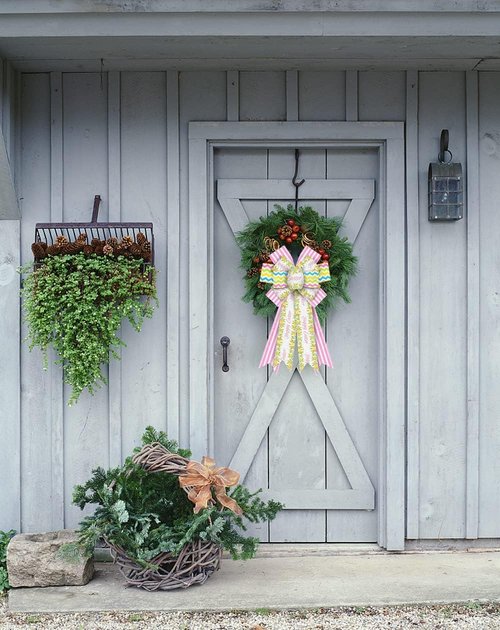 Hying Large Easter Bows - White & Pink Burlap Wreath Bows with Eggs & Leaves | Perfect Spring Decorations