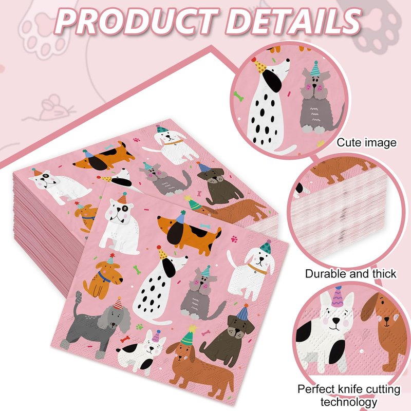 JarThenaAMCS 100 Sheets Dog Party Napkins Pink Cocktail Paper Napkins Cute Puppy Disposable Beverage Napkin for Pet Animal Party Drink Table Decor Supplies