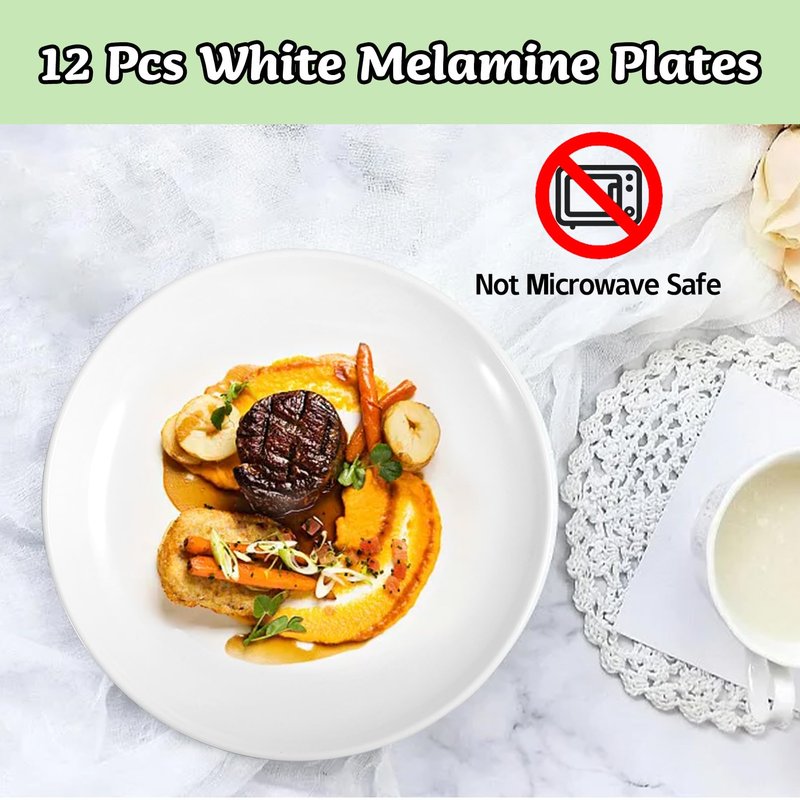 Tivcck 12 Pcs White Melamine Plates, 9 Inch Melamine Dinner Plates, Round Salad Plates, Reusable Dinnerware Dishes for Everyday Use, Indoor and Outdoor, Break-resistant