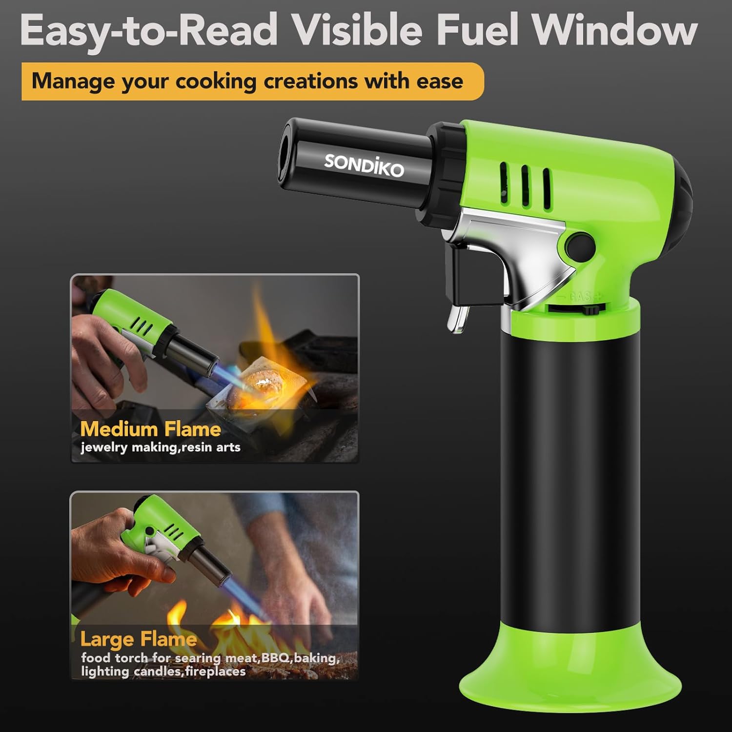 Sondiko Butane Torch - Refillable Soldering Lighter with Adjustable Flame & Fuel Gauge | Green & Black