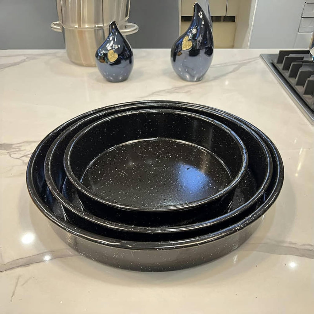 Skiennix Enamel Roasting Pan Set - 3-Pack Round Deep Baking Trays | Non-Toxic, High-Performance | 10"/12"/14" Sizes