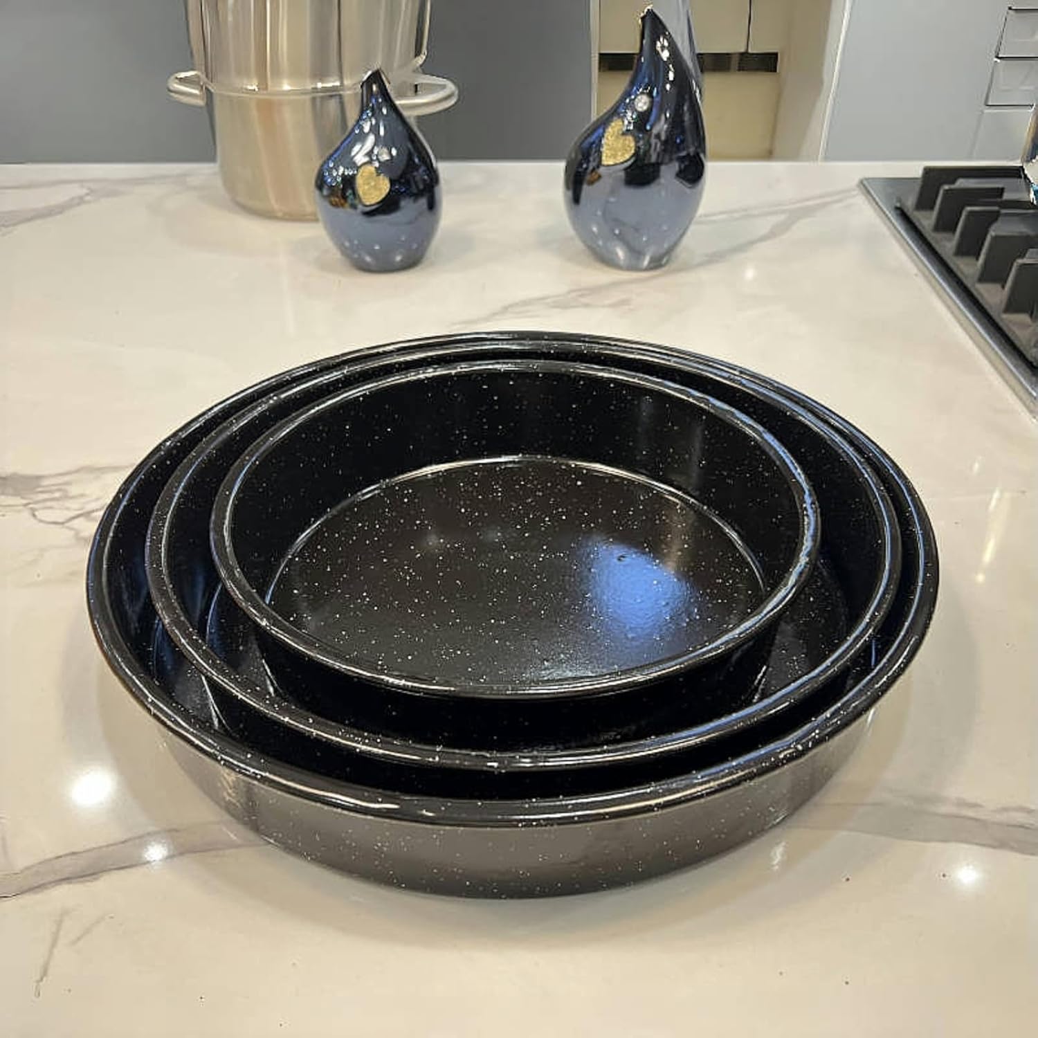 Skiennix Enamel Roasting Pan Set - 3-Pack Round Deep Baking Trays | Non-Toxic, High-Performance | 10"/12"/14" Sizes