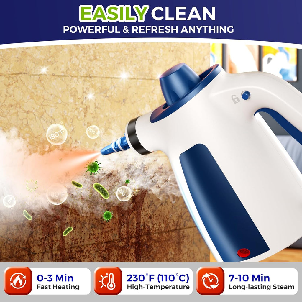 Skiennix Steam Cleaner - Pressurized Handheld Multi-Surface Steamer with 12 Accessories | 350ML Capacity for Home, Car, Upholstery, and Kitchen Cleaning