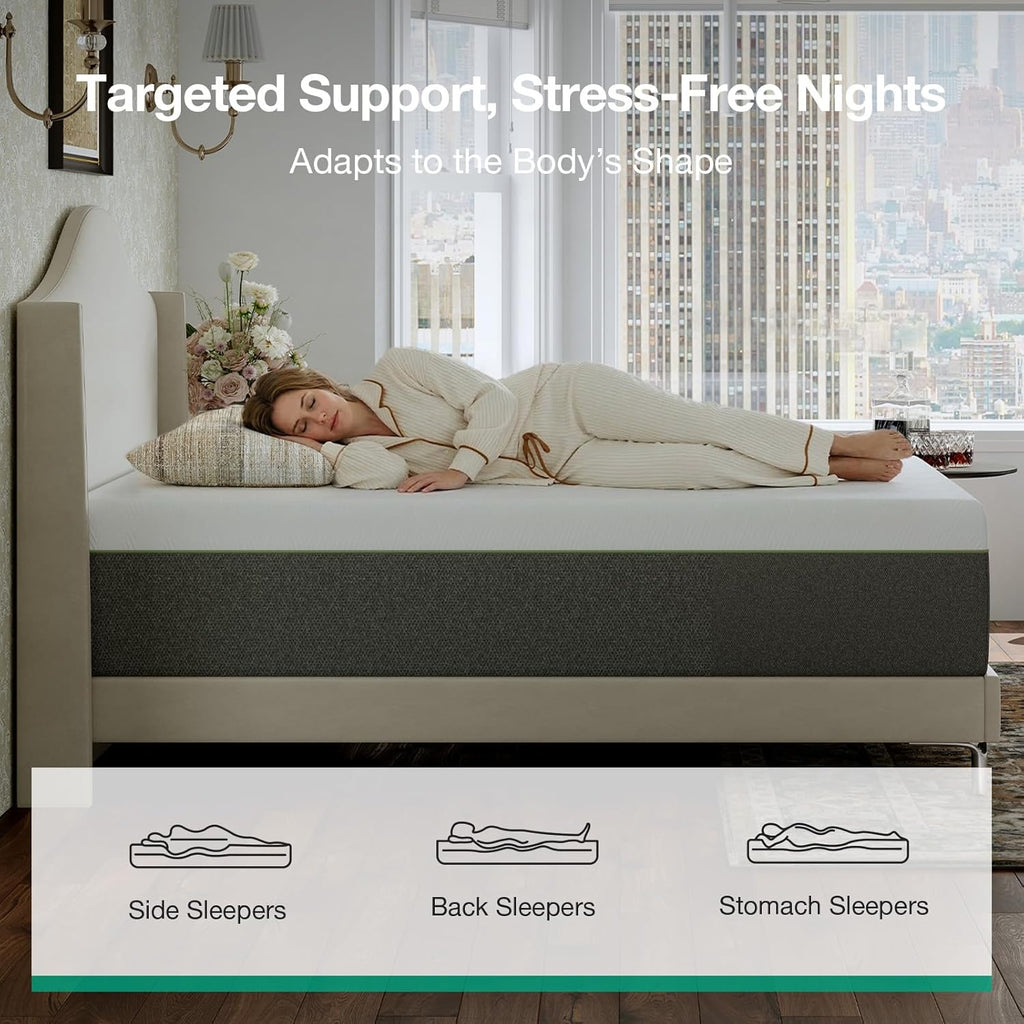 Novilla Bliss Green Tea Mattress - 12 Inch Gel Memory Foam Queen Size for Hot Sleepers | Cool Comfort & Back Pain Relief