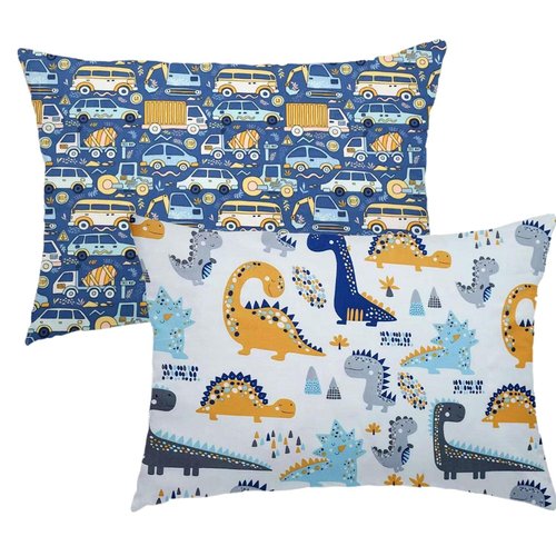Kid Toddler Pillowcase, 2 Packs Organic Cotton Pillow Cover for Girl, 14x20 Pillowslip Case for Sleeping Fits Pillows Sized 13x18 or 14x19, Envelope Closure Travel Pillowcase (Dinosaur, Car
