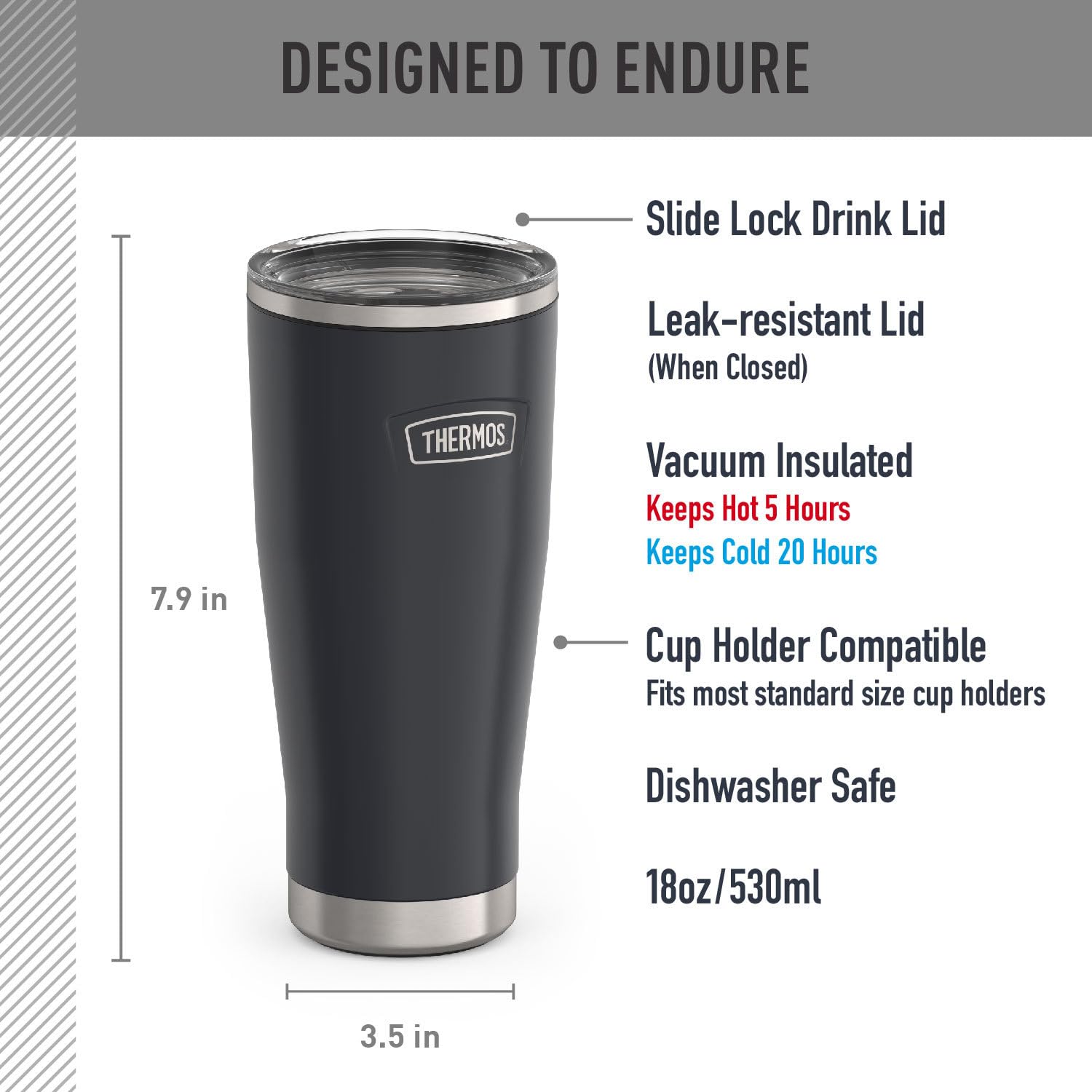 THERMOS ICON SERIES, Stainless Steel Tumbler with Slide Lock, 18 Ounce, Granite