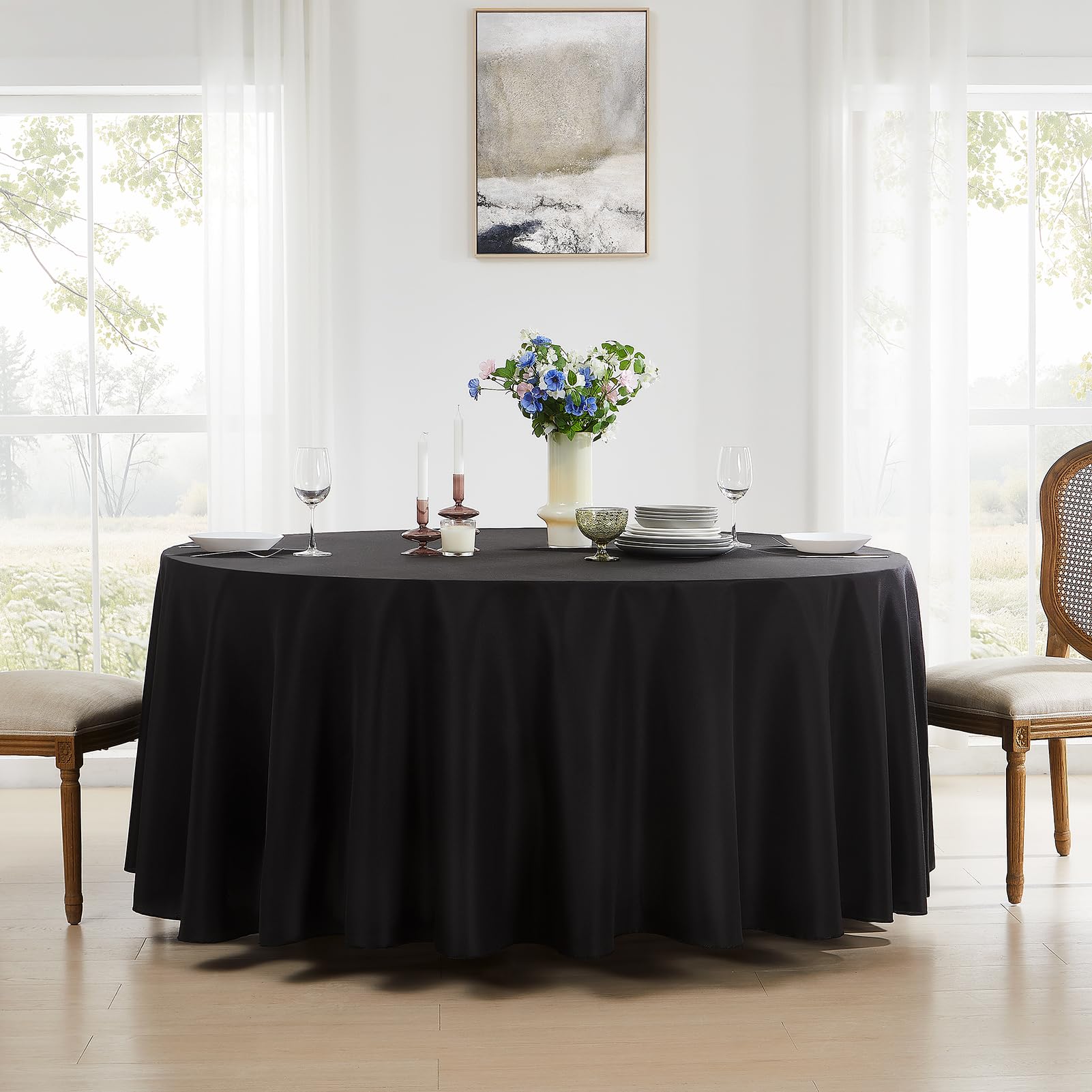 Aocoz Round Tablecloth 2 Pack 120 Inch Black Tablecloths Washable Decorative Linen Polyester Table Clothes Cover for Dining Table Banquets Buffet Parties and Wedding