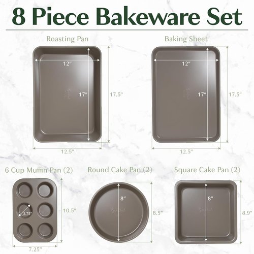 Goodful Nonstick Bakeware Set - 8-Piece Stackable & Space-Saving Design | Round, Square, Muffin Pans, Linen