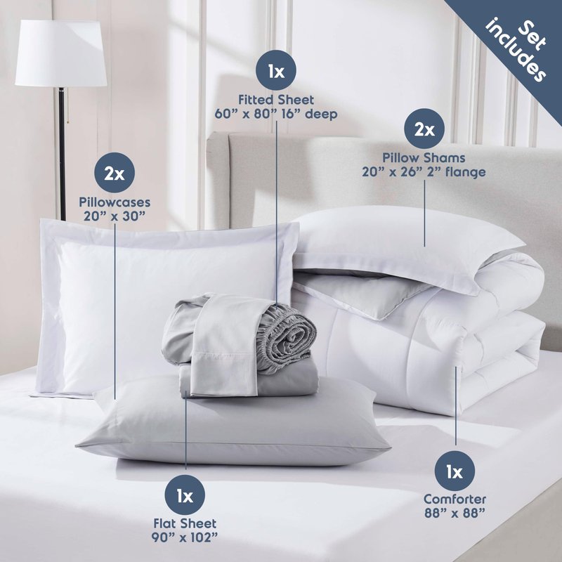 Nestl 7 Piece Queen Comforter Set – White Reversible Bed in a Bag – Complete Queen Size Bedding Set with Sheets, Pillowcases and Shams