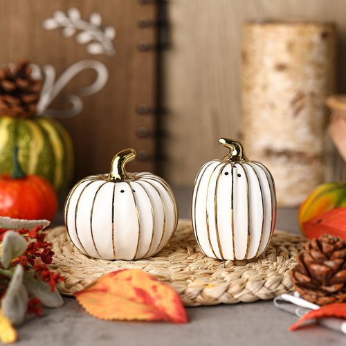 RimCereal 2 Pcs Fall Pumpkin Shaped Salt and Pepper Shakers 3 Inch Ceramic Salt and Pepper Shakers Set for Holiday Home Indoor Kitchen Decorations(White and Gold)