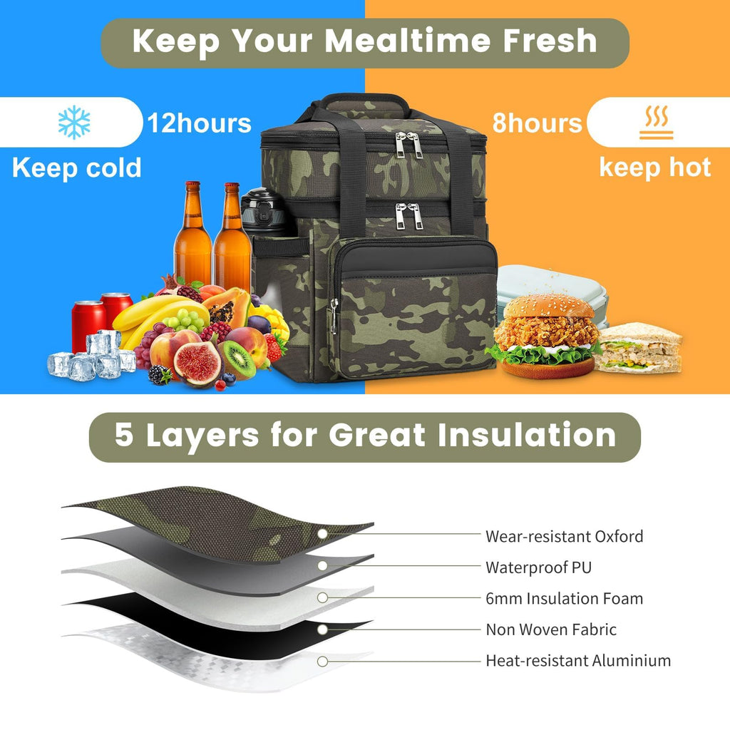 holuxer Insulated Lunch Bag & Lunch Box for Men - Double Deck Reusable Lunch Bag for Women Tote Cooler Bag Leakproof Soft Expandable - Large Lunchbox for Work/Adult/Picnic/Outdoor (Camo，15L)