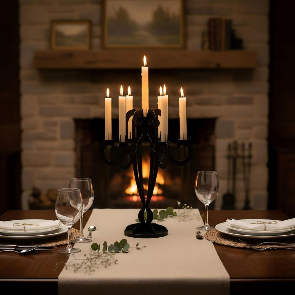 AIM & GGKK 7-Arm Black Metal Candelabra - Elegant Taper Candle Holders for Home Decor & Centerpieces