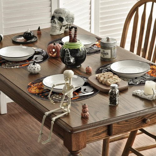 Artoid Mode Window Cat Halloween Round Placemats Set of 4, 14 Inch Table Mats for Party Kitchen Dining