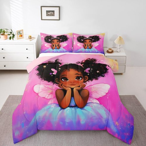 Erosebridal Black Girls Princess with Wings Comforter Set,Pink Gradient Rainbow Galaxy Kids Bedding Set for All Season-3 Pieces Duvet Insert Queen Size with 2 Pillowcases