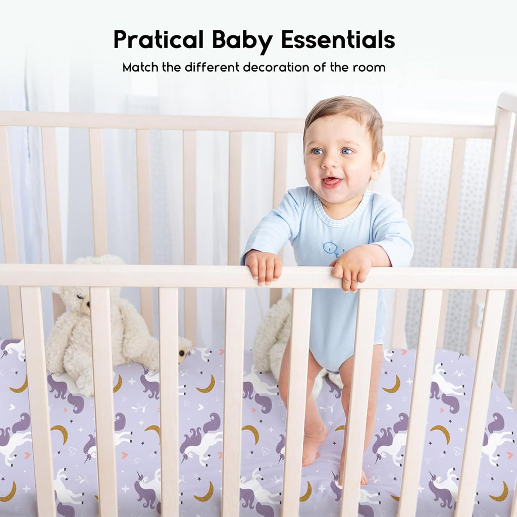 Yoofoss Fitted Baby Crib Sheets - Super Soft Microfiber 2-Pack for Standard Crib & Toddler Mattress | Purple & Unicorn Design 28x52x8in