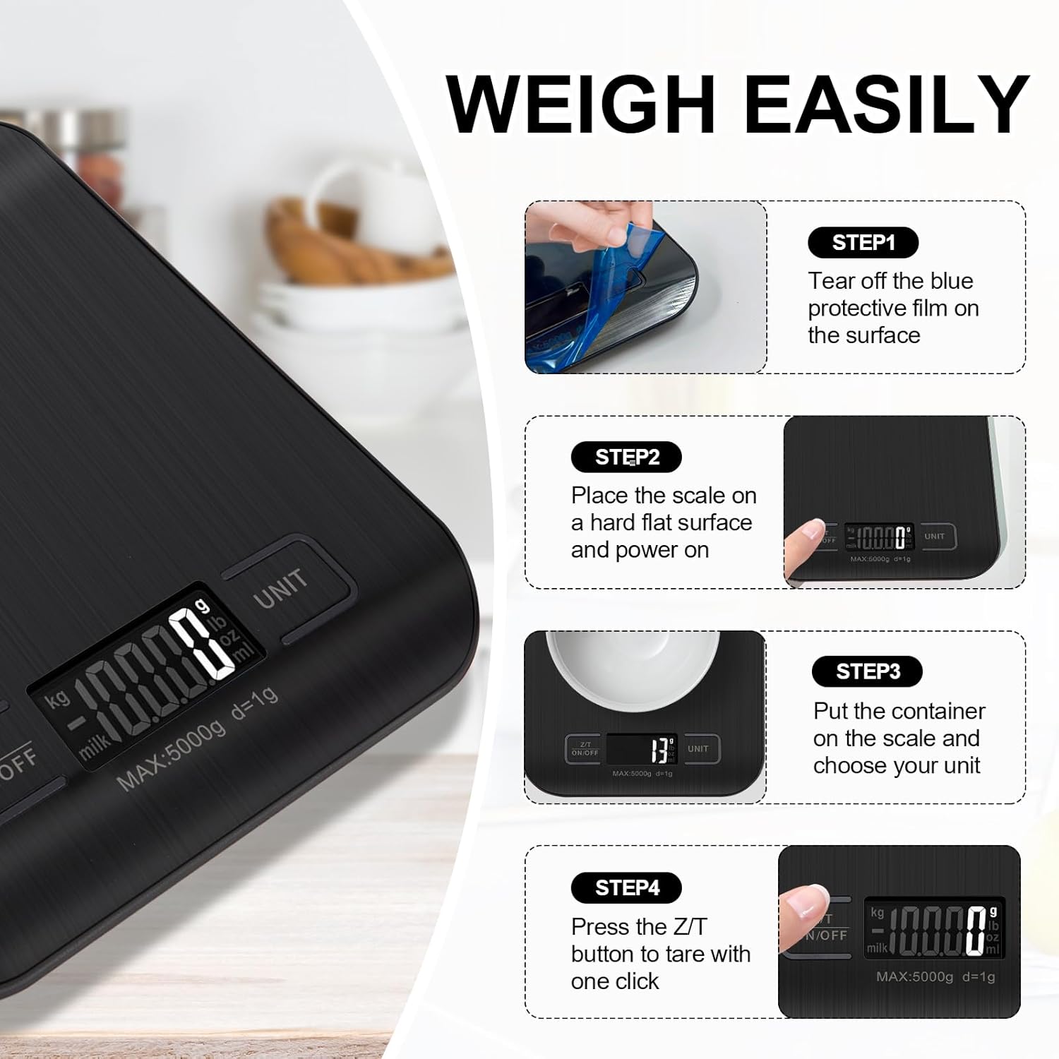 Stainless Steel Food Scale by [Brand Name] - 11lb Capacity with Tare Function & LCD Display | Perfect for Baking, Cooking, and Meal Prep (Black)