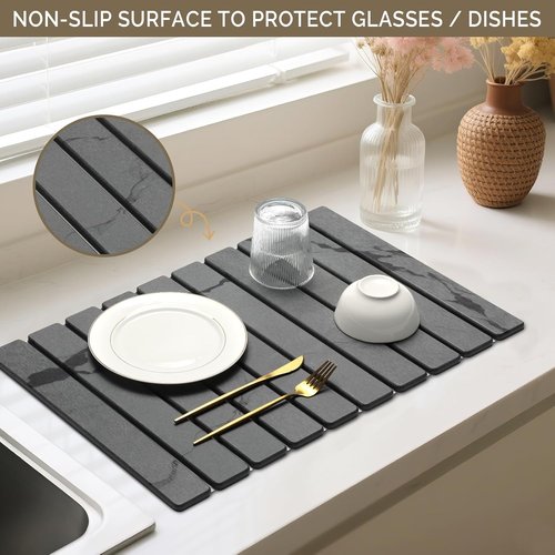 **Skiennix Large Stone Dish Drying Mat - Quick-Dry Diatomaceous Organizer Pad | Dark Gray 24"×16" & 8"x4"**