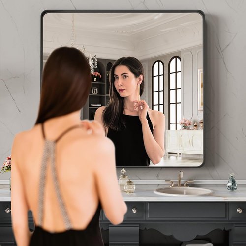 LOAAO Black Metal Framed Bathroom Mirror - 32x32 Inch Matte Black Vanity Mirror | Anti-Rust, Versatile Hanging Options