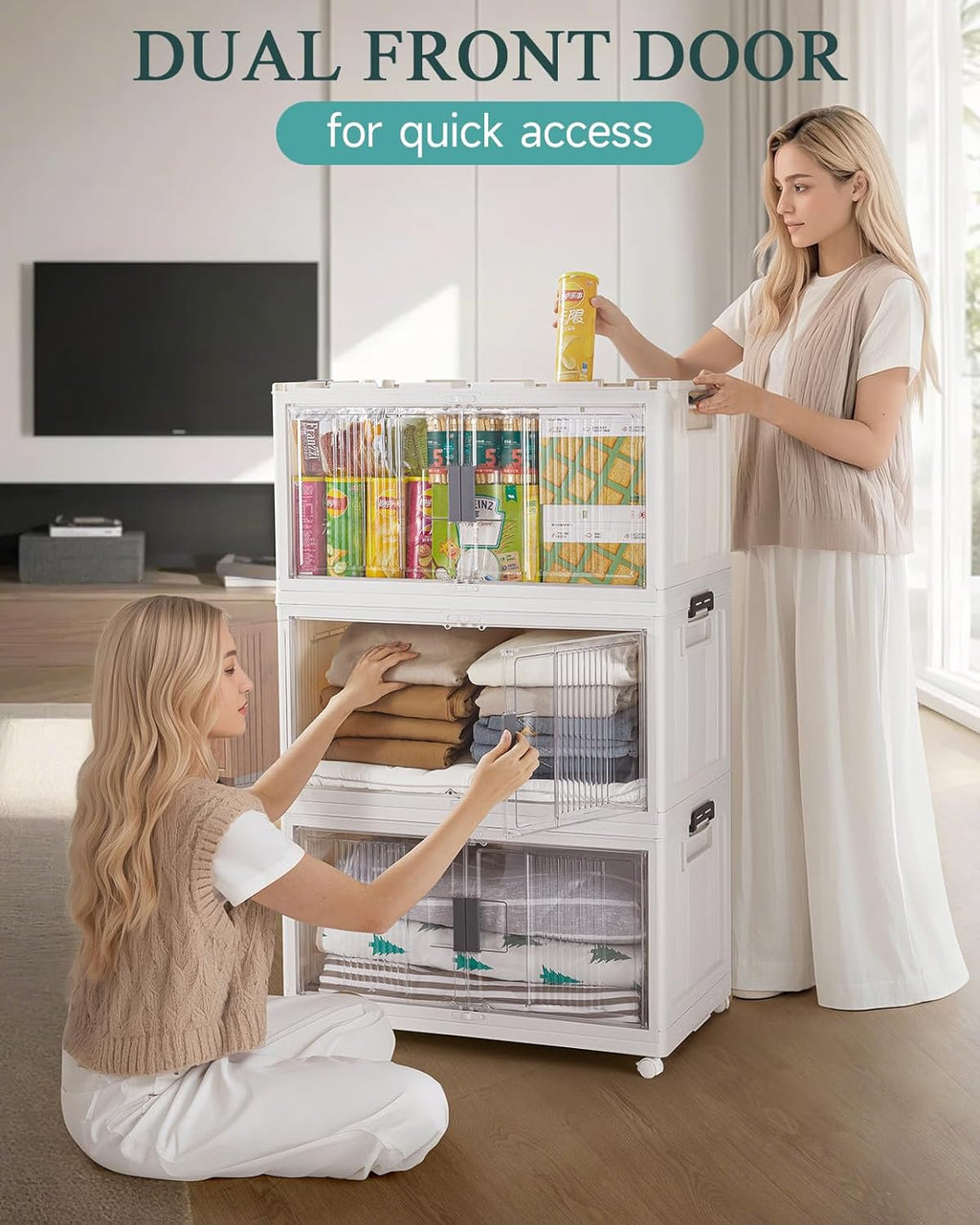 OlarHike Stackable Storage Bins with Lids - Collapsible Plastic Boxes with Doors & Wheels | 97QT, 4-Pack for Easy Organization