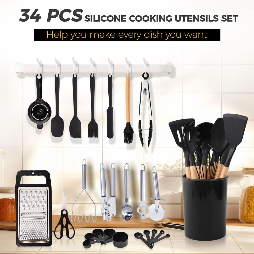 Silicone Cooking Utensils Set, 34 PCS Kitchen Utensils Set, 446℉ Heat Resistant Non-Stick Silicone Cooking Kitchen Utensils with Wooden Handle, Kitchen Gadgets Tools Set for Nonstick Cookware
