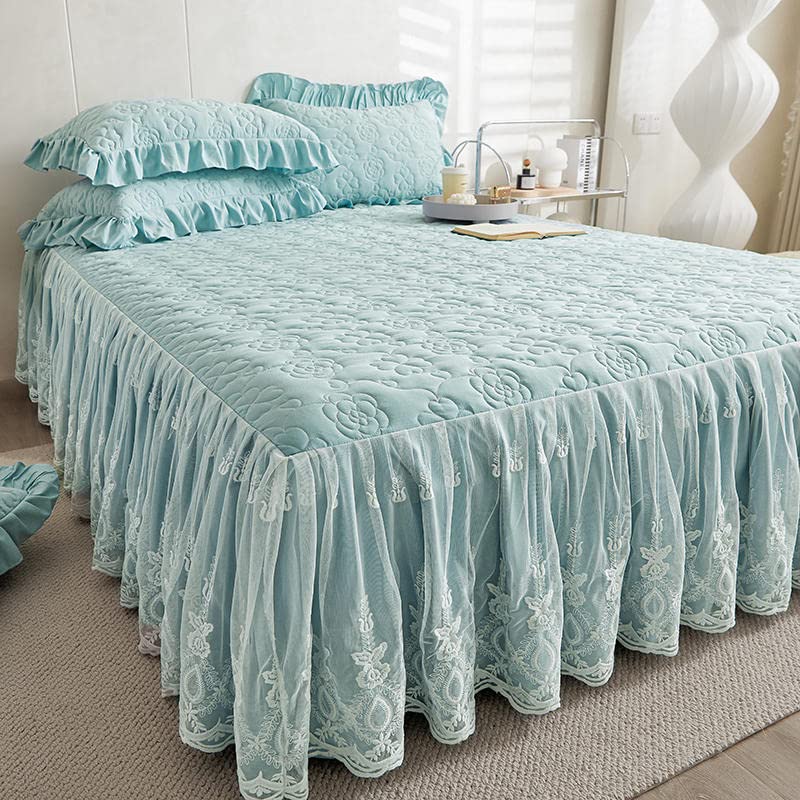 Queen Size Flower Pattern Quilted Bedspread with Ruffled Skirt