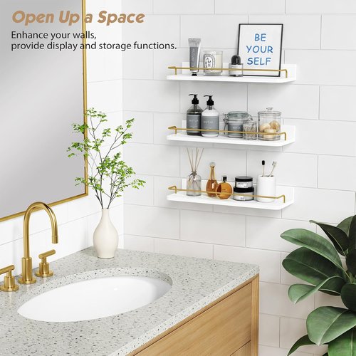 Forbena Gold Floating Shelves - Modern Wall Decor Set of 3 with Guard Rail | White and Gold Finish
