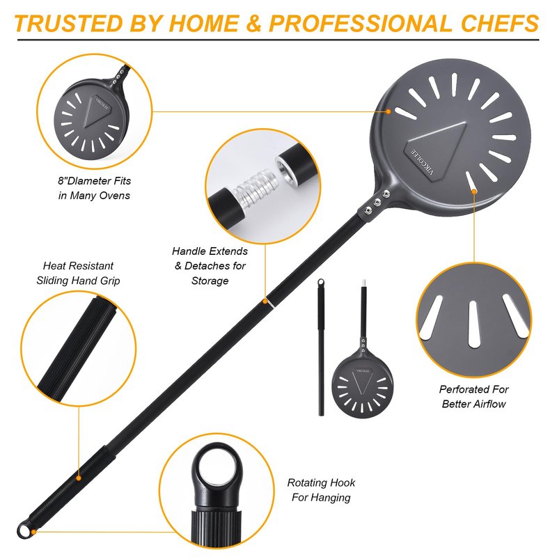 VIKCOLEE Turning Pizza Peel, 8 Inch with 25 Inch Handle Round Pizza Turning Peel, Professional Anodized Aluminum Turning Pizza Spatula, 33 Inch overall