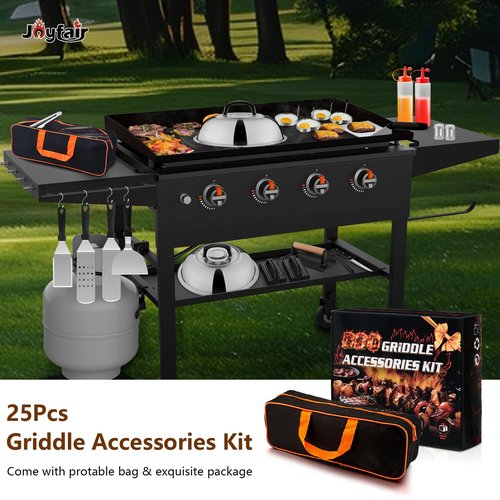 25Pcs Griddle Accessories Kit for Blackstone, Joyfair Stainless Steel Flattop Grilling Spatula Accessory Tools Set with Smash Burger Press Basting Cover for Outdoor BBQ Hibachi Cooking (PP Handle)
